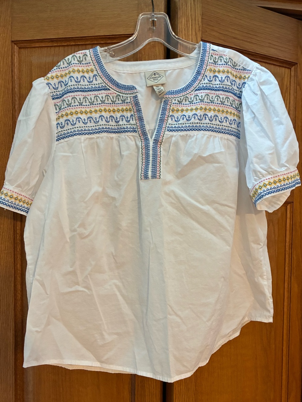 St. John's Bay White Embroidered Peasant Blouse with Blue and Yellow Accents